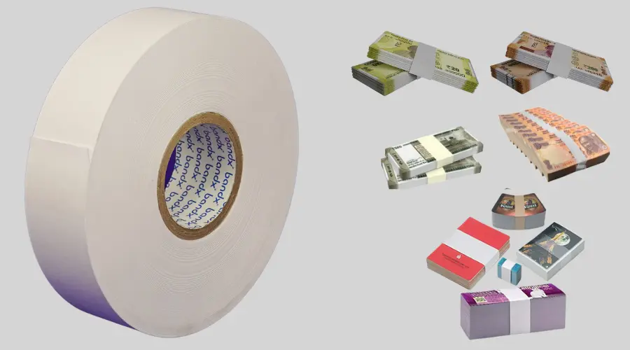Banding tape used to wrap currency bundles and secure various packaged products